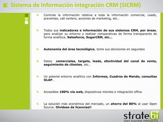 ç   Sistema de Información integración CRM (SICRM)
               Controle la información relativa a toda la información comercial, Leads,
               preventas, call centers, acciones de marketing, etc…



               Todos sus indicadores e información de sus sistemas CRM, por áreas,
               para analizar su entorno y realizar comparativas de forma transparente de
               forma analítica. Salesforce, SugarCRM, etc…



               Autonomía del área tecnológica, tome sus decisiones en segundos



               Datos comerciales, targets, leads, efectividad del canal de venta,
               seguimiento de clientes, etc…



               Un potente entorno analítico con Informes, Cuadros de Mando, consultas
               OLAP…



               Accesibles 100% via web, dispositivos móviles e integración office



               La solución más económica del mercado, un ahorro del 80% al usar Open
               Source. Olvídese de licencias!!
 