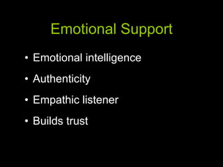 Emotional Support Emotional intelligence Authenticity Empathic listener Builds trust 