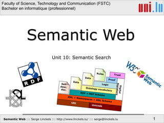 Semantic Web ::: Serge Linckels ::: http://www.linckels.lu/ ::: serge@linckels.lu 1
Semantic Web
Unit 10: Semantic Search
Faculty of Science, Technology and Communication (FSTC)
Bachelor en informatique (professionnel)
 