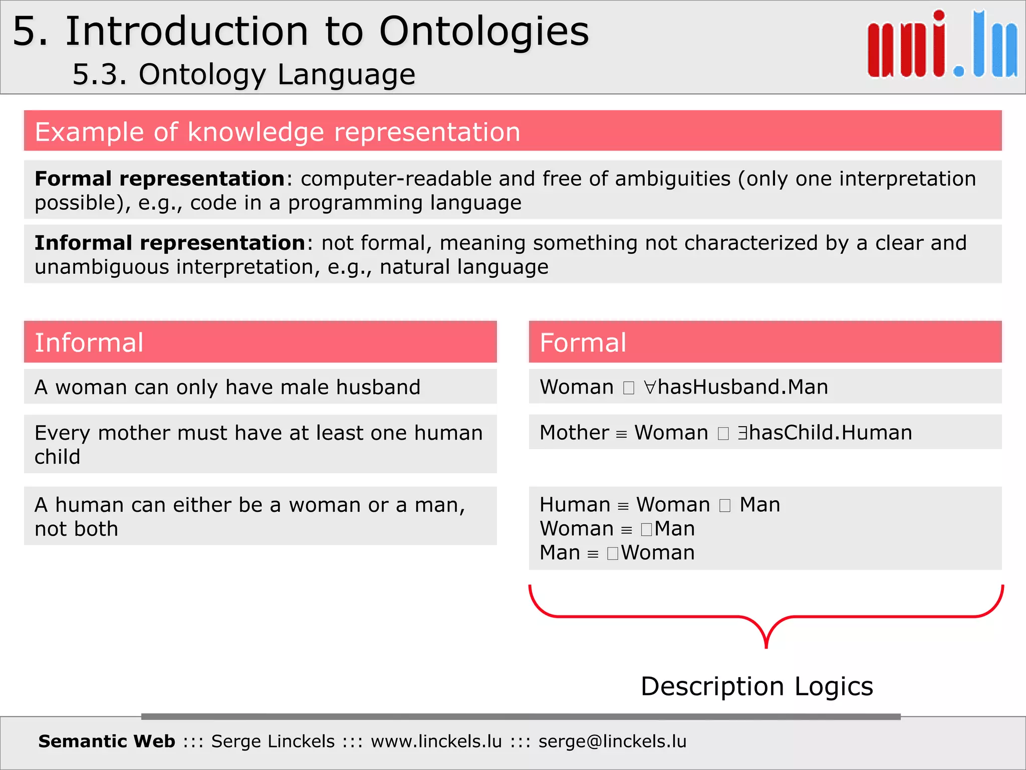 5. Introduction to Ontologies
Semantic Web ::: Serge Linckels ::: www.linckels.lu ::: serge@linckels.lu
5.3. Ontology Language
Example of knowledge representation
Informal Formal
A woman can only have male husband Woman hasHusband.Man
Every mother must have at least one human
child
Mother  Woman hasChild.Human
A human can either be a woman or a man,
not both
Human  Woman Man
Woman  Man
Man  Woman
Formal representation: computer-readable and free of ambiguities (only one interpretation
possible), e.g., code in a programming language
Informal representation: not formal, meaning something not characterized by a clear and
unambiguous interpretation, e.g., natural language
Description Logics
 