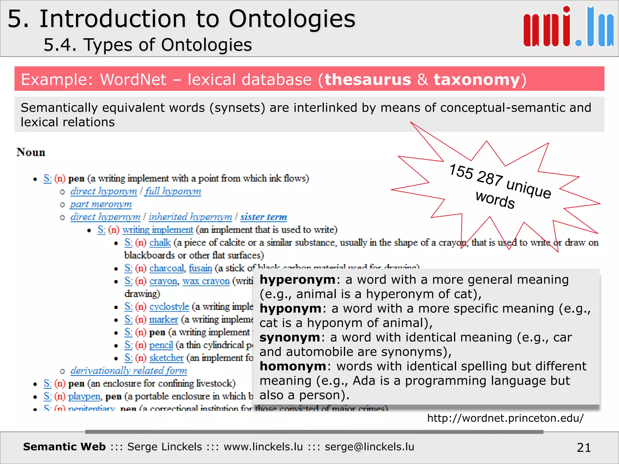 5. Introduction to Ontologies
Semantic Web ::: Serge Linckels ::: www.linckels.lu ::: serge@linckels.lu 21
Example: WordNet – lexical database (thesaurus & taxonomy)
5.4. Types of Ontologies
http://wordnet.princeton.edu/
Semantically equivalent words (synsets) are interlinked by means of conceptual-semantic and
lexical relations
hyperonym: a word with a more general meaning
(e.g., animal is a hyperonym of cat),
hyponym: a word with a more specific meaning (e.g.,
cat is a hyponym of animal),
synonym: a word with identical meaning (e.g., car
and automobile are synonyms),
homonym: words with identical spelling but different
meaning (e.g., Ada is a programming language but
also a person).
 