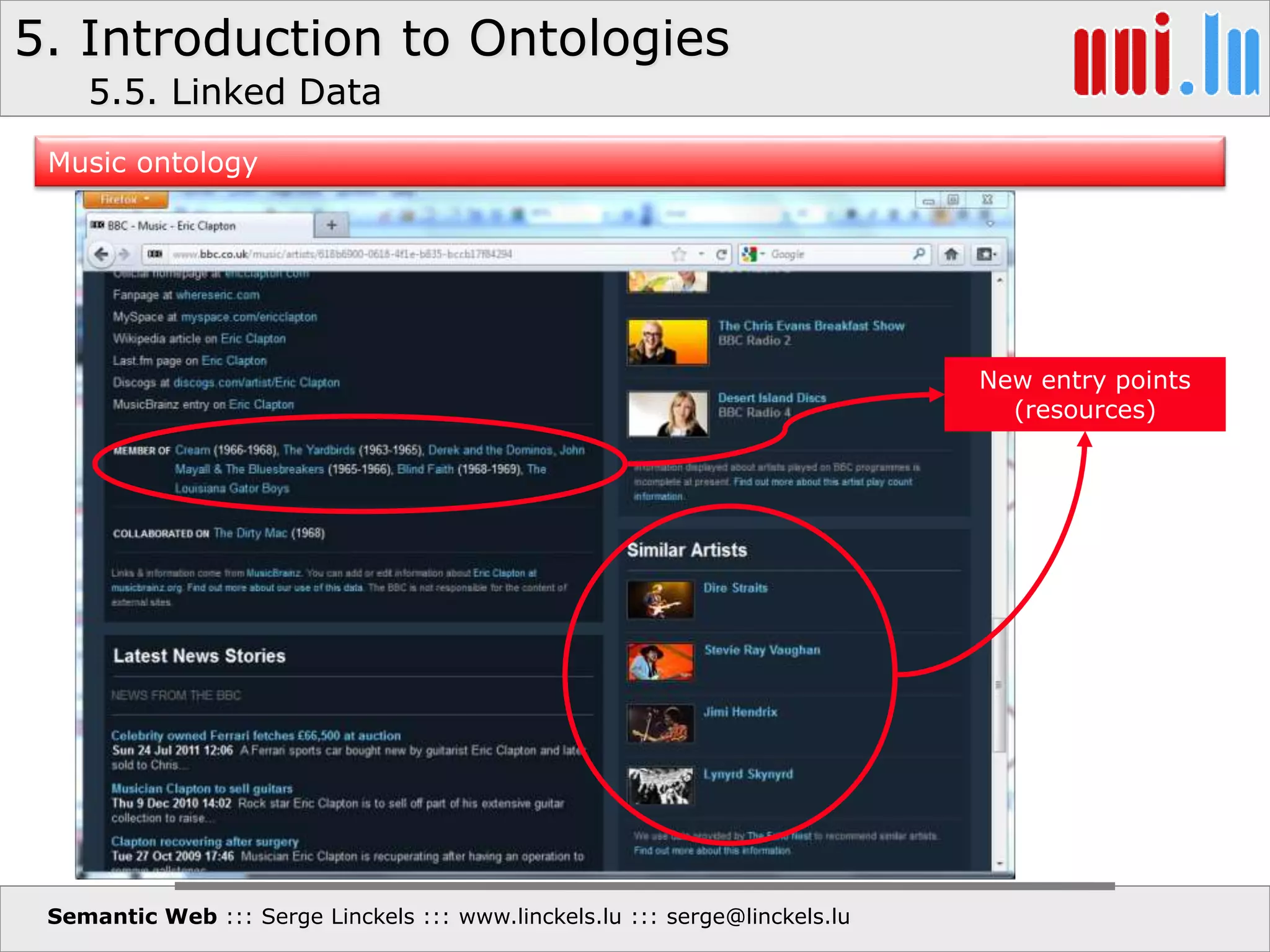 5. Introduction to Ontologies
Semantic Web ::: Serge Linckels ::: www.linckels.lu ::: serge@linckels.lu
New entry points
(resources)
5.5. Linked Data
Music ontology
 