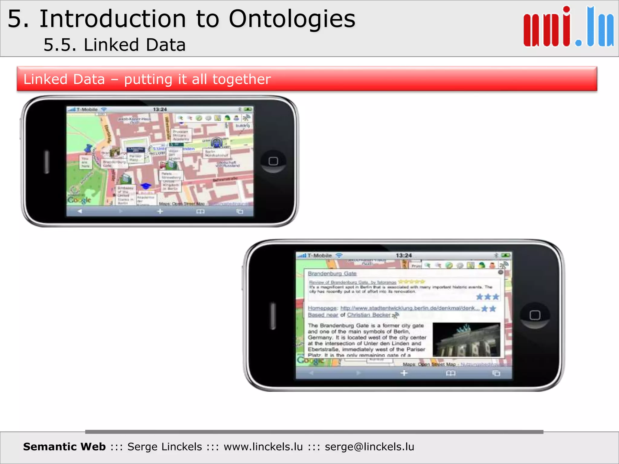 5. Introduction to Ontologies
Semantic Web ::: Serge Linckels ::: www.linckels.lu ::: serge@linckels.lu
Linked Data – putting it all together
5.5. Linked Data
 