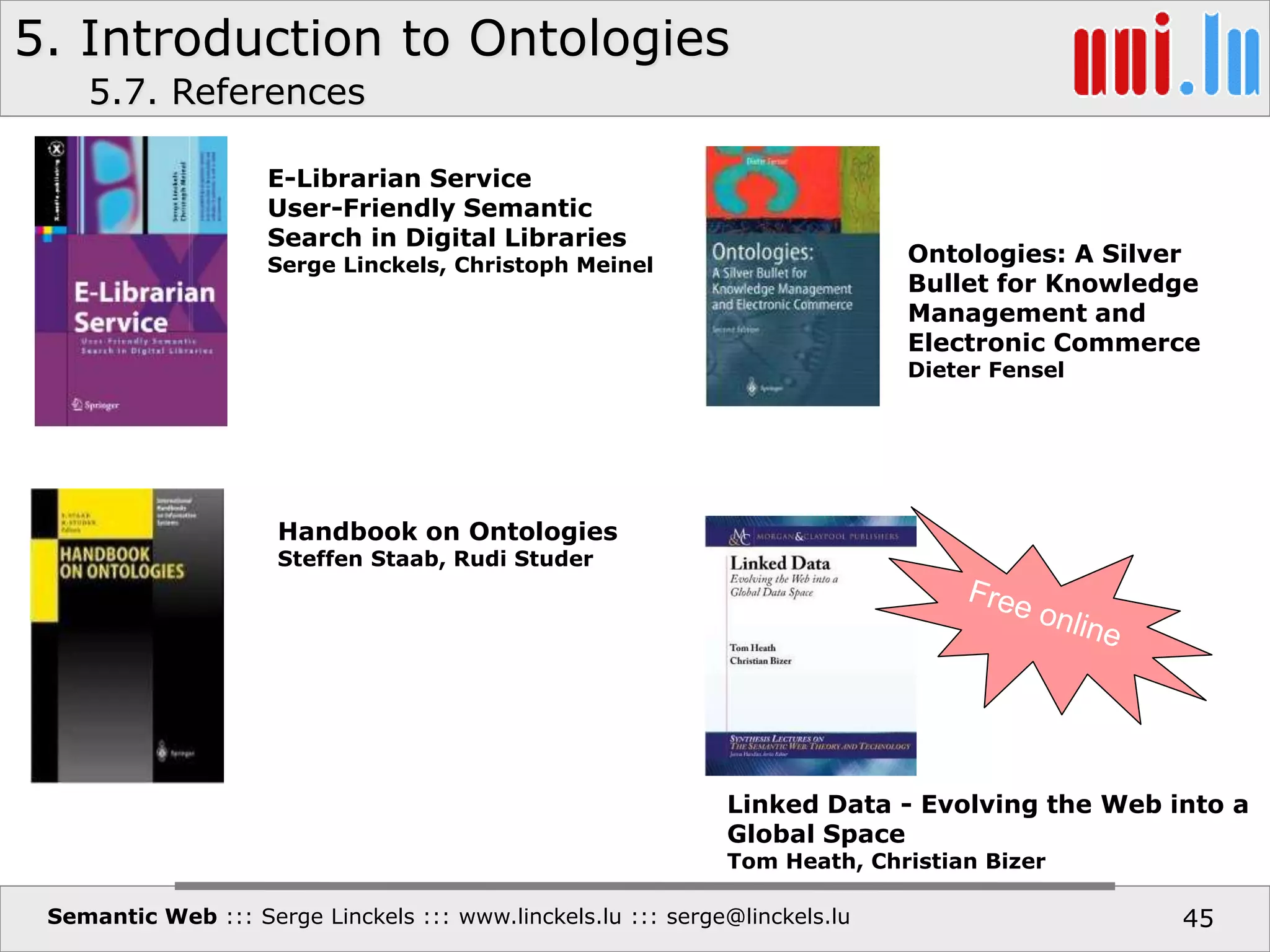 5. Introduction to Ontologies
Semantic Web ::: Serge Linckels ::: www.linckels.lu ::: serge@linckels.lu
Ontologies: A Silver
Bullet for Knowledge
Management and
Electronic Commerce
Dieter Fensel
5.7. References
Handbook on Ontologies
Steffen Staab, Rudi Studer
45
Linked Data - Evolving the Web into a
Global Space
Tom Heath, Christian Bizer
E-Librarian Service
User-Friendly Semantic
Search in Digital Libraries
Serge Linckels, Christoph Meinel
 