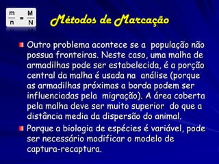 Métodos de Marcação
Outro problema acontece se a população não
possua fronteiras. Neste caso, uma malha de
armadilhas pode ser estabelecida, é a porção
central da malha é usada na análise (porque
as armadilhas próximas a borda podem ser
influenciadas pela migração). A área coberta
pela malha deve ser muito superior do que a
distância media da dispersão do animal.
Porque a biologia de espécies é variável, pode
ser necessário modificar o modelo de
captura-recaptura.
 