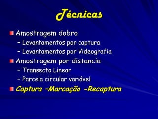 Técnicas
Amostragem dobro
– Levantamentos por captura
– Levantamentos por Videografia
Amostragem por distancia
– Transecto Linear
– Parcela circular variável
Captura –Marcação -Recaptura
 
