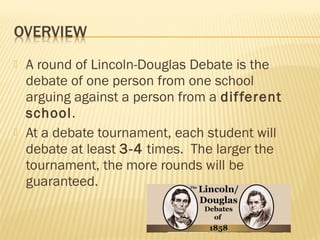  A round of Lincoln-Douglas Debate is the 
debate of one person from one school 
arguing against a person from a dif ferent 
school. 
 At a debate tournament, each student will 
debate at least 3-4 times. The larger the 
tournament, the more rounds will be 
guaranteed. 
 