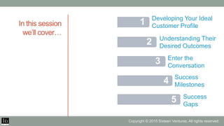 In this session
we’ll cover…
Developing Your Ideal
Customer Profile
1
2 Understanding Their
Desired Outcomes
3 Enter the
C...