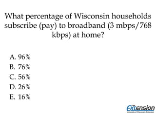 What percentage of Wisconsin households
subscribe (pay) to broadband (3 mbps/768
kbps) at home?
A. 96%
B. 76%
C. 56%
D. 26%
E. 16%
 