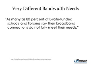 Very Different Bandwidth Needs
“As many as 80 percent of E-rate-funded
schools and libraries say their broadband
connections do not fully meet their needs.”
Eighth Broadband Progress Report, Aug 21, 2012, FCC
http://www.fcc.gov/reports/eighth-broadband-progress-report
 