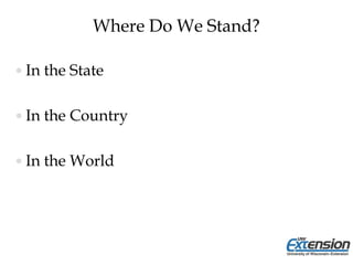 Where Do We Stand?
 In the State
 In the Country
 In the World
 
