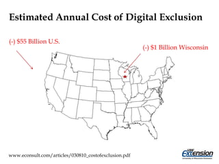 Estimated Annual Cost of Digital Exclusion
(-) $55 Billion U.S.
(-) $1 Billion Wisconsin
www.econsult.com/articles/030810_costofexclusion.pdf
 