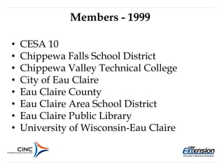 Members - 1999
• CESA 10
• Chippewa Falls School District
• Chippewa Valley Technical College
• City of Eau Claire
• Eau Claire County
• Eau Claire Area School District
• Eau Claire Public Library
• University of Wisconsin-Eau Claire
 