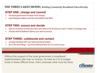 THE THREE LAKES MODEL Building Community Broadband Subscribership
STEP ONE: change and commit
 the local government mindset must change
 local taxpayer dollars must be committed to the effort
STEP TWO: assess and decide
 take an inventory of what you have and make a list of what you want / create a coverage map
 choose what broadband options you want to pursue
STEP THREE: collaborate and contact
 arrange meetings with your local service providers
 go to the technology – you’ll be waiting forever for it to come to you
Without the support of the local government a broadband
implementation plan has no chance. As hard as it is to budget
funds in these difficult times, that’s precisely what must be done.
 