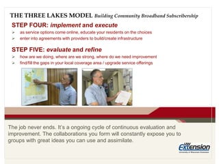 THE THREE LAKES MODEL Building Community Broadband Subscribership
STEP FOUR: implement and execute
 as service options come online, educate your residents on the choices
 enter into agreements with providers to build/create infrastructure
STEP FIVE: evaluate and refine
 how are we doing, where are we strong, where do we need improvement
 find/fill the gaps in your local coverage area / upgrade service offerings
The job never ends. It’s a ongoing cycle of continuous evaluation and
improvement. The collaborations you form will constantly expose you to
groups with great ideas you can use and assimilate.
 