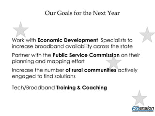Our Goals for the Next Year
Work with Economic Development Specialists to
increase broadband availability across the state
Partner with the Public Service Commission on their
planning and mapping effort
Increase the number of rural communities actively
engaged to find solutions
Tech/Broadband Training & Coaching
 