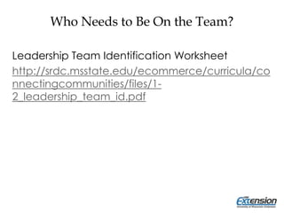 Who Needs to Be On the Team?
Leadership Team Identification Worksheet
http://srdc.msstate.edu/ecommerce/curricula/co
nnectingcommunities/files/1-
2_leadership_team_id.pdf
 