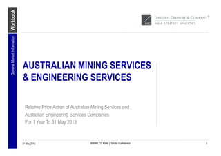 Workbook
WWW.LCC.ASIA | Strictly Confidential
AUSTRALIAN MINING SERVICES
& ENGINEERING SERVICES
Relative Price Action of Australian Mining Services and
Australian Engineering Services Companies
For 1 Year To 31 May 2013
31 May 2013
GeneralMarketInformation
1
 