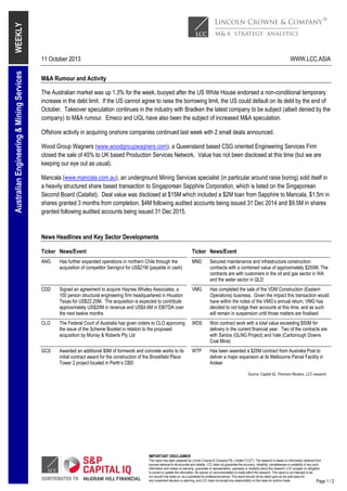 WEEKLY
Australian Engineering & Mining Services

11 October 2013

WWW.LCC.ASIA

M&A Rumour and Activity
The Australian market was up 1.3% for the week, buoyed after the US White House endorsed a non-conditional temporary
increase in the debt limit. If the US cannot agree to raise the borrowing limit, the US could default on its debt by the end of
October. Takeover speculation continues in the industry with Bradken the latest company to be subject (albeit denied by the
company) to M&A rumour. Emeco and UGL have also been the subject of increased M&A speculation.
Offshore activity in acquiring onshore companies continued last week with 2 small deals announced.
Wood Group Wagners (www.woodgroupwagners.com), a Queensland based CSG oriented Engineering Services Firm
closed the sale of 45% to UK based Production Services Network. Value has not been disclosed at this time (but we are
keeping our eye out as usual).
Mancala (www.mancala.com.au), an underground Mining Services specialist (in particular around raise boring) sold itself in
a heavily structured share based transaction to Singaporean Sapphire Corporation, which is listed on the Singaporean
Second Board (Catalist). Deal value was disclosed at $15M which included a $2M loan from Sapphire to Mancala, $1.5m in
shares granted 3 months from completion, $4M following audited accounts being issued 31 Dec 2014 and $9.5M in shares
granted following audited accounts being issued 31 Dec 2015.

News Headlines and Key Sector Developments
Ticker News/Event

Ticker News/Event

ANG

Has further expanded operations in northern Chile through the
acquisition of competitor Servigrut for US$21M (payable in cash)

MND

Secured maintenance and infrastructure construction
contracts with a combined value of approximately $250M. The
contracts are with customers in the oil and gas sector in WA
and the water sector in QLD

CDD

Signed an agreement to acquire Haynes Whaley Associates, a
100 person structural engineering firm headquartered in Houston
Texas for US$22.25M. The acquisition is expected to contribute
approximately US$20M in revenue and US$4.6M in EBITDA over
the next twelve months

VMG

Has completed the sale of the VDM Construction (Eastern
Operations) business. Given the impact this transaction would
have within the notes of the VMG’s annual return, VMG has
decided to not lodge their accounts at this time, and as such
will remain in suspension until those matters are finalised

CLO

The Federal Court of Australia has given orders to CLO approving
the issue of the Scheme Booklet in relation to the proposed
acquisition by Murray & Roberts Pty Ltd

WDS

Won contract work with a total value exceeding $50M for
delivery in the current financial year. Two of the contracts are
with Santos (GLNG Project) and Vale (Carborough Downs
Coal Mine)

GCS

Awarded an additional $9M of formwork and concrete works to its
initial contract award for the construction of the Brookfield Place
Tower 2 project located in Perth’s CBD

WTP

Has been awarded a $25M contract from Australia Post to
deliver a major expansion at its Melbourne Parcel Facility in
Ardeer
Source: Capital IQ, Thomson Reuters, LCC research

IMPORTANT DISCLAIMER
This report has been prepared by Lincoln Crowne & Company Pty. Limited ("LCC"). The research is based on information obtained from
sources believed to be accurate and reliable. LCC does not guarantee the accuracy, reliability, completeness or suitability of any such
information and makes no warranty, guarantee or representation, expressly or impliedly about this research. LCC accepts no obligation
to correct or update the information. No opinion or recommendation is made within this research. This report is not intended to be,
nor should it be relied on, as a substitute for professional advice. This report should not be relied upon as the sole basis for
any investment decision or planning, and LCC does not accept any responsibility on this basis for actions made.
Page 1

/2

 