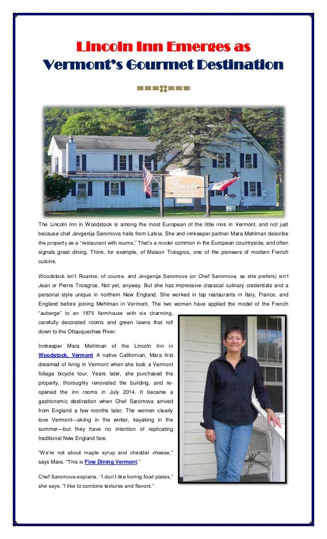 Lincoln Inn Emerges as Vermont’s Gourmet Destination