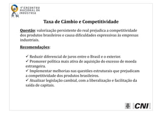 Taxa	
  de	
  Câmbio	
  e	
  Competitividade	
  
Questão:	
  valorização	
  persistente	
  do	
  real	
  prejudica	
  a	
  competitividade	
  
dos	
  produtos	
  brasileiros	
  e	
  causa	
  diIiculdades	
  expressivas	
  às	
  empresas	
  
industriais.	
  
Recomendações:	
  
 	
  Reduzir	
  diferencial	
  de	
  juros	
  entre	
  o	
  Brasil	
  e	
  o	
  exterior.	
  
 	
  Promover	
  política	
  mais	
  ativa	
  de	
  aquisição	
  do	
  excesso	
  de	
  moeda	
  
estrangeira.	
  
 	
  Implementar	
  melhorias	
  nas	
  questões	
  estruturais	
  que	
  prejudicam	
  
a	
  competitividade	
  dos	
  produtos	
  brasileiros.	
  
 	
  Atualizar	
  legislação	
  cambial,	
  com	
  a	
  liberalização	
  e	
  facilitação	
  da	
  
saída	
  de	
  capitais.	
  
 