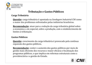 Tributação	
  e	
  Gastos	
  Públicos	
  
Carga	
  Tributária	
  
Questão:	
  carga	
  tributária	
  é	
  apontada	
  na	
  Sondagem	
  Industrial	
  CNI	
  como	
  
o	
  maior	
  dos	
  problemas	
  enfrentados	
  pelas	
  indústrias	
  brasileiras.	
  
Recomendação:	
  atuar	
  para	
  a	
  redução	
  da	
  carga	
  tributária	
  global	
  sobre	
  
a	
  economia	
  e,	
  em	
  especial,	
  sobre	
  a	
  produção,	
  com	
  o	
  estabelecimento	
  de	
  
limites	
  à	
  tributação.	
  
Gastos	
  Públicos	
  
Questão:	
  crescimento	
  da	
  carga	
  tributária	
  é	
  provocado	
  pela	
  contínua	
  
expansão	
  dos	
  gastos	
  públicos.	
  	
  
Recomendação:	
  conter	
  o	
  aumento	
  dos	
  gastos	
  públicos	
  por	
  meio	
  de	
  
gestão	
  mais	
  eIiciente	
  dos	
  recursos	
  e	
  maior	
  eIicácia	
  e	
  focalização	
  dos	
  
programas	
  públicos,	
  o	
  que	
  implica	
  em	
  reformas	
  estruturais	
  como	
  a	
  
previdenciária	
  e	
  a	
  gestão	
  do	
  Estado.	
  
 