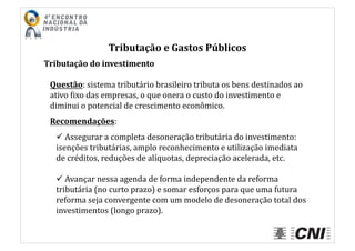 Tributação	
  e	
  Gastos	
  Públicos	
  
Tributação	
  do	
  investimento	
  
Questão:	
  sistema	
  tributário	
  brasileiro	
  tributa	
  os	
  bens	
  destinados	
  ao	
  
ativo	
  Iixo	
  das	
  empresas,	
  o	
  que	
  onera	
  o	
  custo	
  do	
  investimento	
  e	
  
diminui	
  o	
  potencial	
  de	
  crescimento	
  econômico.	
  
Recomendações:	
  
 	
  Assegurar	
  a	
  completa	
  desoneração	
  tributária	
  do	
  investimento:	
  
isenções	
  tributárias,	
  amplo	
  reconhecimento	
  e	
  utilização	
  imediata	
  
de	
  créditos,	
  reduções	
  de	
  alíquotas,	
  depreciação	
  acelerada,	
  etc.	
  
 	
  Avançar	
  nessa	
  agenda	
  de	
  forma	
  independente	
  da	
  reforma	
  
tributária	
  (no	
  curto	
  prazo)	
  e	
  somar	
  esforços	
  para	
  que	
  uma	
  futura	
  
reforma	
  seja	
  convergente	
  com	
  um	
  modelo	
  de	
  desoneração	
  total	
  dos	
  
investimentos	
  (longo	
  prazo).	
  
 