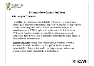 Tributação	
  e	
  Gastos	
  Públicos	
  
Substituição	
  Tributária	
  
	
  Questão:	
  mecanismo	
  de	
  substituição	
  tributária	
  –	
  originalmente	
  
criado	
  para	
  regimes	
  de	
  tributação	
  especial	
  em	
  segmentos	
  especíIicos	
  
–	
  vem	
  sendo	
  ampliado	
  indiscriminadamente	
  com	
  relação	
  ao	
  
recolhimento	
  do	
  ICMS.	
  A	
  aplicação	
  inadequada	
  da	
  Substituição	
  
Tributária	
  em	
  diversas	
  cadeias	
  produtivas	
  causa	
  problemas	
  às	
  
empresas,	
  gera	
  distorções	
  econômicas	
  e	
  tem	
  impacto	
  sobre	
  preços	
  e	
  
concorrência	
  em	
  mercados.	
  
Recomendação:	
  buscar	
  ação	
  coordenada,	
  no	
  âmbito	
  federal	
  e	
  
estadual,	
  de	
  modo	
  a	
  melhorar	
  e	
  disciplinar	
  a	
  utilização	
  da	
  
substituição	
  tributária,	
  impondo	
  restrições	
  que	
  permitam	
  sua	
  
utilização	
  em	
  casos	
  especiais	
  bem	
  delimitados.	
  
 