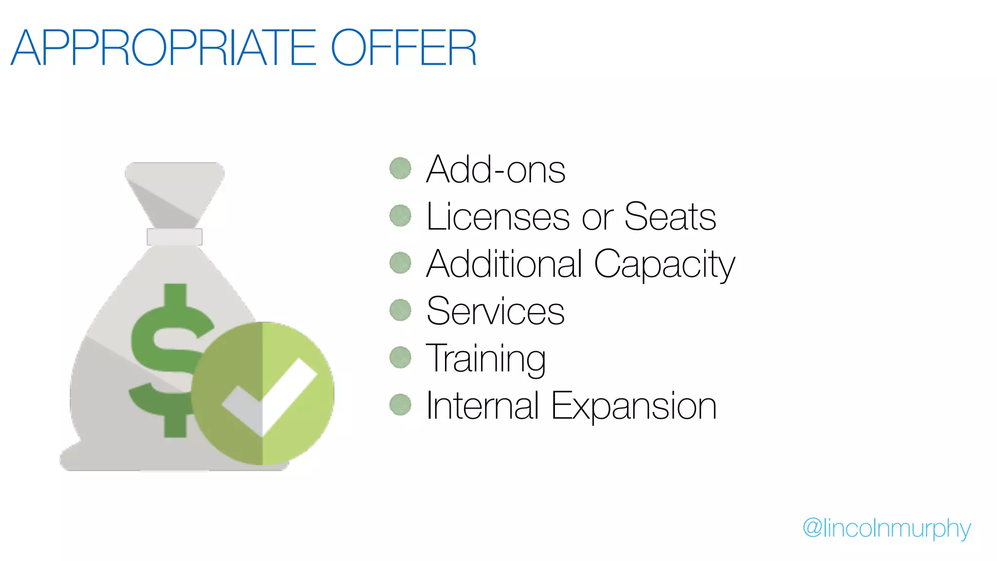 Add-ons
Licenses or Seats
Additional Capacity
Services
Training
Internal Expansion
@lincolnmurphy
APPROPRIATE OFFER