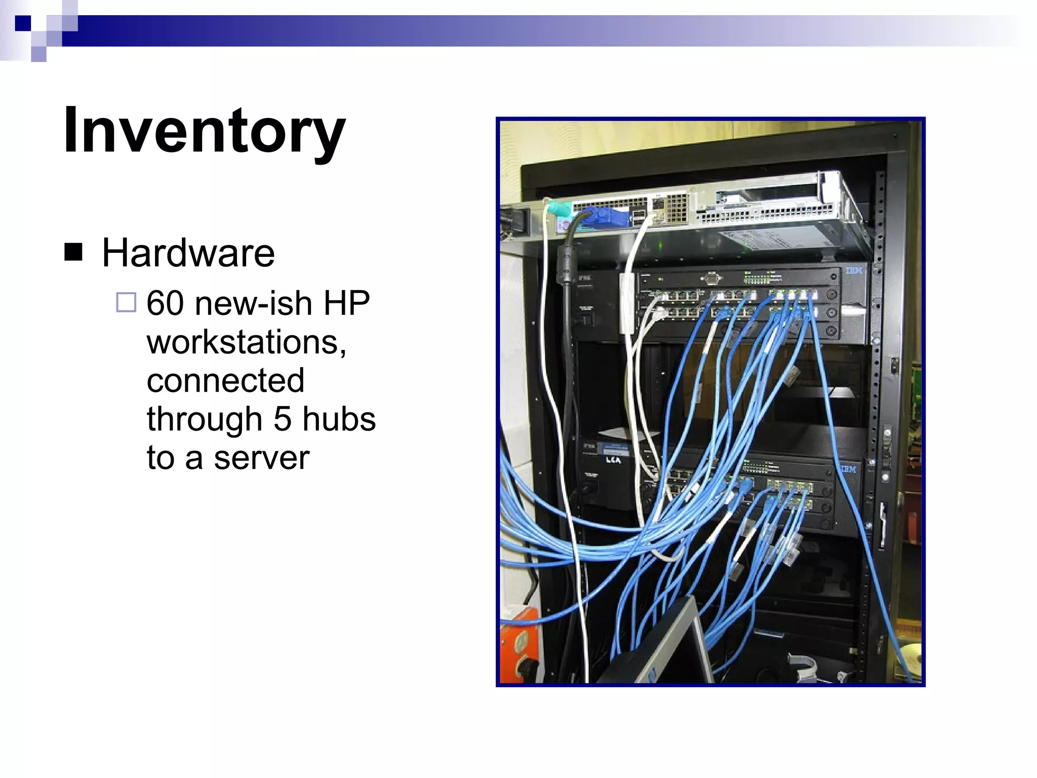 Inventory Hardware 60 new-ish HP workstations, connected through 5 hubs to a server 