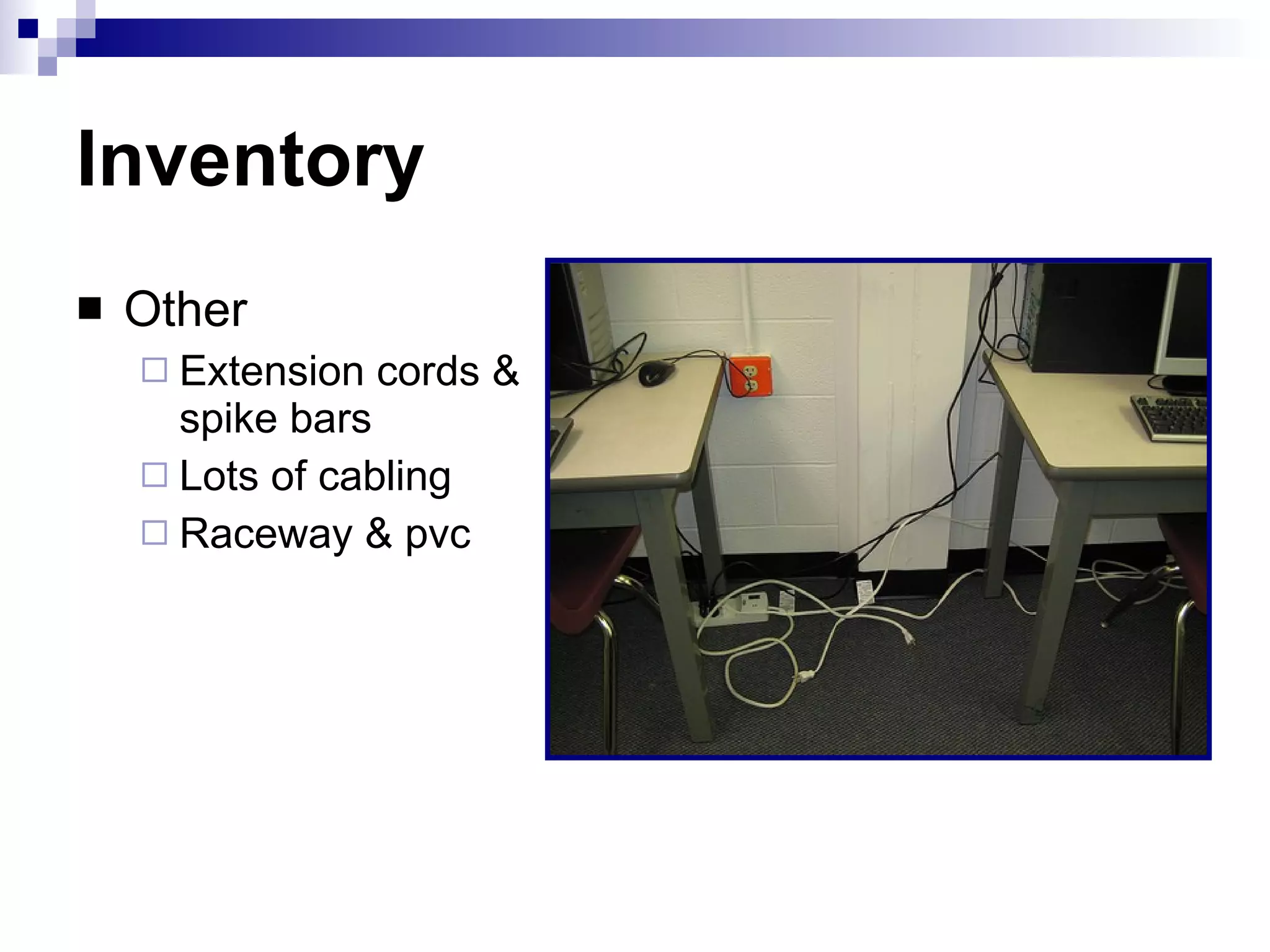 Inventory Other Extension cords & spike bars Lots of cabling Raceway & pvc  