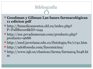 Bibliografía
Goodman y Gilman Las bases farmacológicas

11 edicion pdf
http://fnmedicamentos.sld.cu/index.php?
P=FullRecord&ID=244
http://mx.prvademecum.com/producto.php?
producto=9688
http://med.javeriana.edu.co/fisiologia/fw/c741.htm
http://adolfoneda.com/lincomicina/
http://www.iqb.es/cbasicas/farma/farma04/l048.ht
m

 