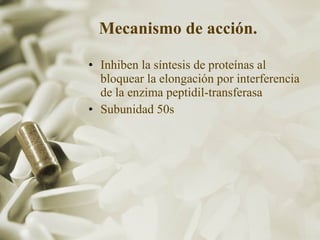 Mecanismo de acción.   Inhiben la síntesis de proteínas al bloquear la elongación por interferencia de la enzima peptidil-transferasa Subunidad 50s  