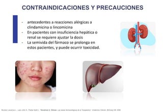 www.bestppt.com
- antecedentes a reacciones alérgicas a
clindamicina o lincomicina
- En pacientes con insuficiencia hepática o
renal se requiere ajustar la dosis
- La semivida del fármaco se prolonga en
estos pacientes, y puede ocurrir toxicidad.
Brunton Laurence L., Lazo John S., Parker Keith L. “Goodman &. Gilman. Las bases farmacológicas de la Terapéutica”. Undécima. Edición. McGraw Hill. 2006
 