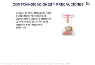 www.bestppt.com
- Después de la menarquia, las niñas
pueden recibir la clindamicina
vaginal para la vaginosis bacteriana
- La clindamicina se clasifica en la
categoría B de riesgo en el
embarazo
Brunton Laurence L., Lazo John S., Parker Keith L. “Goodman &. Gilman. Las bases farmacológicas de la Terapéutica”. Undécima. Edición. McGraw Hill. 2006
 