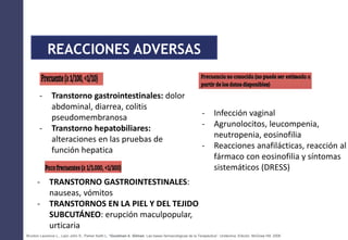 www.bestppt.com
REACCIONES ADVERSAS
- Transtorno gastrointestinales: dolor
abdominal, diarrea, colitis
pseudomembranosa
- Transtorno hepatobiliares:
alteraciones en las pruebas de
función hepatica
- TRANSTORNO GASTROINTESTINALES:
nauseas, vómitos
- TRANSTORNOS EN LA PIEL Y DEL TEJIDO
SUBCUTÁNEO: erupción maculpopular,
urticaria
- Infección vaginal
- Agrunolocitos, leucompenia,
neutropenia, eosinofilia
- Reacciones anafilácticas, reacción al
fármaco con eosinofilia y síntomas
sistemáticos (DRESS)
Brunton Laurence L., Lazo John S., Parker Keith L. “Goodman &. Gilman. Las bases farmacológicas de la Terapéutica”. Undécima. Edición. McGraw Hill. 2006
 