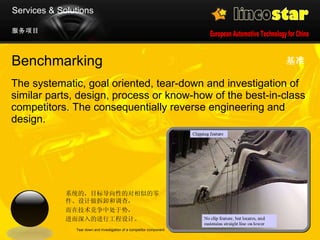 Benchmarking The systematic, goal oriented, tear-down and investigation of similar parts, design, process or know-how of the best-in-class competitors. The consequentially reverse engineering and design.  基准   Tear down and investigation of a competitor component 服务项目 Services & Solutions 系统的，目标导向性的对相似的零件、设计做拆卸和调查， 而在技术竞争中处于势， 进而深入的进行工程设计。 