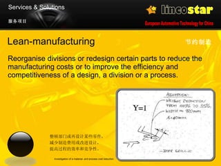 Lean-manufacturing Reorganise divisions or redesign certain parts to reduce the manufacturing costs or to improve the efficiency and competitiveness of a design, a division or a process.  节约制造 Investigation of a material- and process cost reduction 服务项目 Services & Solutions 整顿部门或再设计某些零件， 减少制造费用或改进设计， 提高过程的效率和竞争性。 