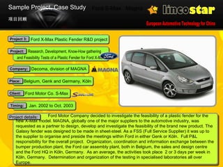 Ford S-Max  Magna 项目回顾 Sample Project, Case Study   Ford Motor Company decided to investigate the feasibility of a plastic fender for the new X-Max model. MAGNA, globally one of the major suppliers to the automotive industry, was requested as a partner to design, develop and investigate the feasibility of the brand new product. The Galaxy fender was designed to be made in sheet-steel. As a FSS (Full Service Supplier) it was up to the supplier to organise and preside the meetings within Ford in either Genk or Köln.  Full P&L responsibility for the overall project.  Organization, coordination and information exchange between the bumper production plant, the Ford car assembly plant, both in Belgium, the sales and design centre and the Ford HQ in Köln, Germany.  As an average, the activities took place  2 or 3 days per week in Köln, Germany.  Determination and organization of the testing in specialised laboratories all over Europe. Project details:  Jan. 2002 to Oct. 2003 Timing: Belgium, Genk and Germany, Köln Place:  Ford X-Max Plastic Fender R&D project Project 3: Research, Development, Know-How gathering and Feasibility Tests of a Plastic Fender for Ford X-Max Project: Decoma, division of MAGNA Company: Ford Motor Co. S-Max Client:  