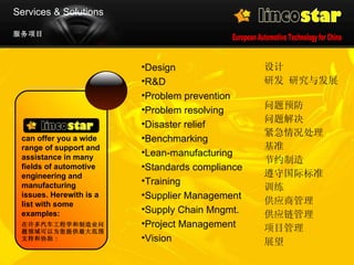 Services & Solutions Design  R&D  Problem prevention  Problem resolving  Disaster relief  Benchmarking  Lean-manufacturing  Standards compliance  Training  Supplier Management  Supply Chain Mngmt.  Project Management  Vision  设计   研发 研究与发展   问题预防   问题解决   紧急情况处理   基准   节约制造   遵守国际标准   训练   供应商管理   供应链管理   项目管理   展望   can offer you a wide range of support and assistance in many fields of automotive engineering and manufacturing issues. Herewith is a list with some examples:   在许多汽车工程学和制造业问题领域可以为您提供最大范围支持和协助 : 服务项目 