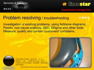 Problem resolving  / troubleshooting Investigation of existing problems, using fishbone diagrams, Pareto, root cause analysis, G8D, 6Sigma and other tools.  Measure, qualify and contain customers' complains.  问题解决   stereolithography prototype bumper system by  Materialise ®   服务项目 Services & Solutions 使用 因果图 / 鱼骨图 、起因分析、 Pareto( 帕累托 ) 、 G8D   、 6 西格玛 (6Sigma)  和其它工具调查已经存在的问题。采取措施，描述并解决顾客的抱怨。 