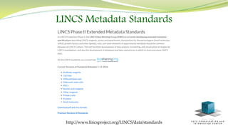 LINCS Metadata Standards
http://www.lincsproject.org/LINCS/data/standards
 