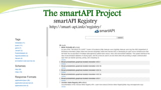 The smartAPI Project
smartAPI Registry
http://smart-api.info/registry/
 