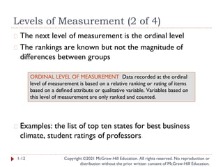 Levels of Measurement (2 of 4)
Copyright ©2021 McGraw-Hill Education. All rights reserved. No reproduction or
distribution without the prior written consent of McGraw-Hill Education.
� The next level of measurement is the ordinal level
� The rankings are known but not the magnitude of
differences between groups
� Examples: the list of top ten states for best business
climate, student ratings of professors
1-12
ORDINAL LEVEL OF MEASUREMENT Data recorded at the ordinal
level of measurement is based on a relative ranking or rating of items
based on a defined attribute or qualitative variable. Variables based on
this level of measurement are only ranked and counted.
 