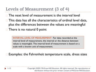 Levels of Measurement (3 of 4)
Copyright ©2021 McGraw-Hill Education. All rights reserved. No reproduction or
distribution without the prior written consent of McGraw-Hill Education.
� The next level of measurement is the interval level
� This data has all the characteristics of ordinal level data,
plus the differences between the values are meaningful
� There is no natural 0 point
� Examples: the Fahrenheit temperature scale, dress sizes
1-13
INTERVAL LEVEL OF MEASUREMENT For data recorded at the
interval level of measurement, the interval or the distance between
values is meaningful. The interval level of measurement is based on a
scale with a known unit of measurement.
 