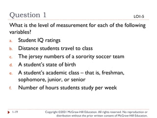 Question 1
Copyright ©2021 McGraw-Hill Education. All rights reserved. No reproduction or
distribution without the prior written consent of McGraw-Hill Education.
1-19
What is the level of measurement for each of the following
variables?
a. Student IQ ratings
b. Distance students travel to class
c. The jersey numbers of a sorority soccer team
d. A student’s state of birth
e. A student’s academic class – that is, freshman,
sophomore, junior, or senior
f. Number of hours students study per week
LO1-5
 