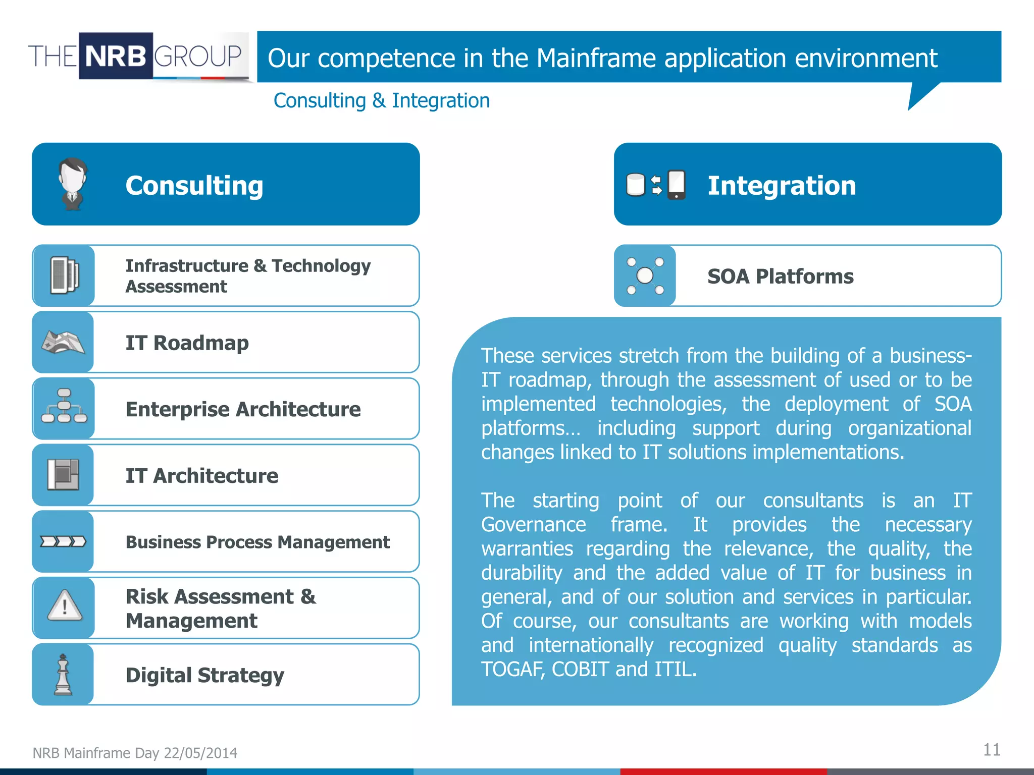 11NRB Mainframe Day 22/05/2014
Consulting & Integration
Our competence in the Mainframe application environment
Consulting
IT Roadmap
Business Process Management
IT Architecture
Infrastructure & Technology
Assessment
Enterprise Architecture
Digital Strategy
Risk Assessment &
Management
Integration
SOA Platforms
These services stretch from the building of a business-
IT roadmap, through the assessment of used or to be
implemented technologies, the deployment of SOA
platforms… including support during organizational
changes linked to IT solutions implementations.
The starting point of our consultants is an IT
Governance frame. It provides the necessary
warranties regarding the relevance, the quality, the
durability and the added value of IT for business in
general, and of our solution and services in particular.
Of course, our consultants are working with models
and internationally recognized quality standards as
TOGAF, COBIT and ITIL.
 