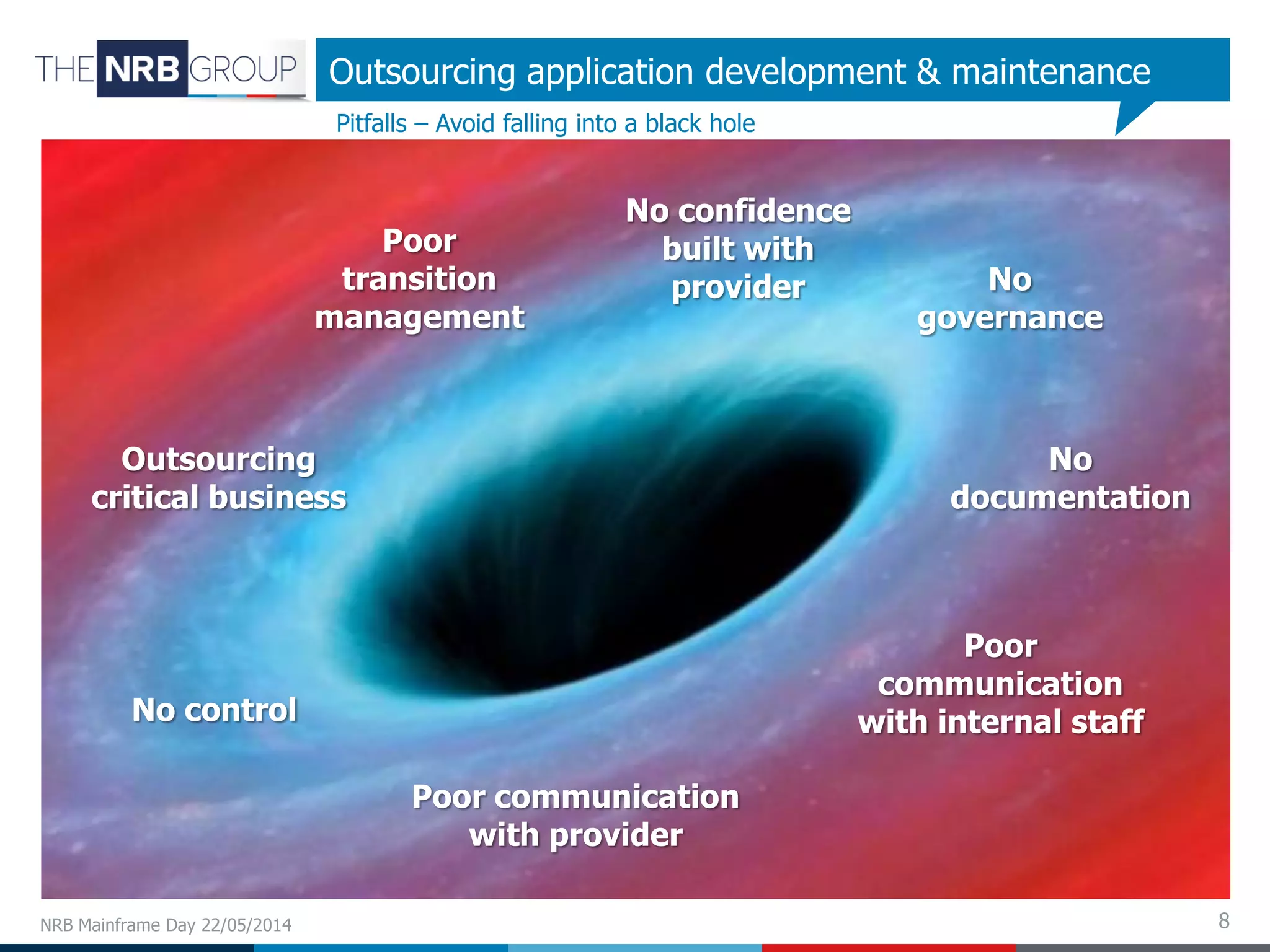 8
Outsourcing application development & maintenance
Pitfalls – Avoid falling into a black hole
NRB Mainframe Day 22/05/2014
Poor
transition
management
Outsourcing
critical business
No control
No confidence
built with
provider No
governance
No
documentation
Poor
communication
with internal staff
Poor communication
with provider
 