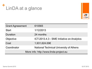 +
LinDA at a glance
Grant Agreeement 610565
Start 1/12/2013
Duration 24 months
Objective ICT-2013.4.3 - SME Initiative on Analytics
Cost 1,931,624.00€
Coordinator National Technical University of Athens
More info: http://www.linda-project.eu
02.07.2015Samos Summit 2015
 