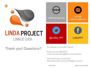info @
LinDA-project.eu
@LinDA_FP7
+
LiNDA-project.eu
LinDAFP7
Thank you! Questions?
Yuri Glikman, Fraunhofer FOKUS
Project Contact @FOKUS
Lena Farid (lena.farid@fokus.fraunhofer.de)
Technical Project Coordinator
Spiros Mouzakitis (smouzakitis@epu.ntua.gr)
02.07.2015 Samos Summit 2015
 